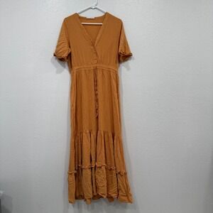R.Vivimos Mustard Orange Boho Tiered Maxi Dress V-Neck Ruffle Trim Size L 12/14